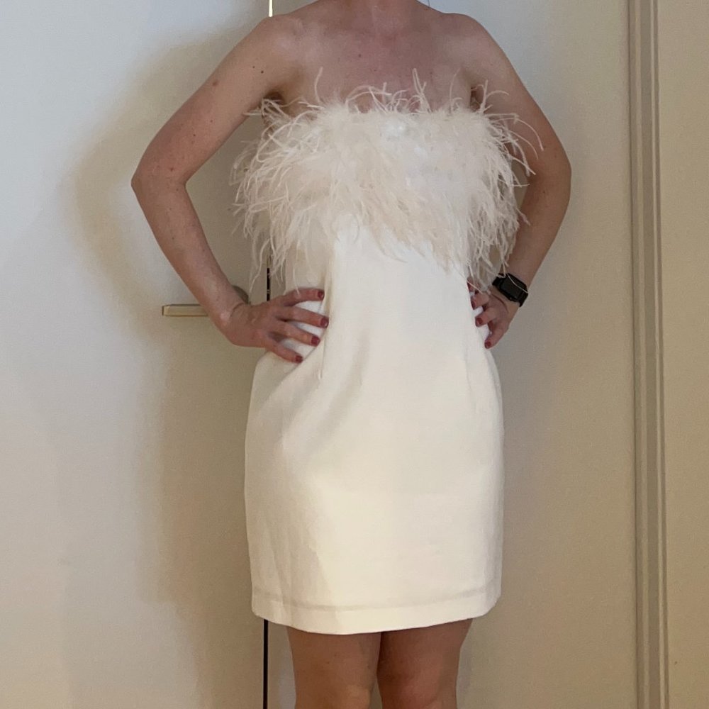 David's Bridal Strapless Crepe Feather Trim Mini Dress
